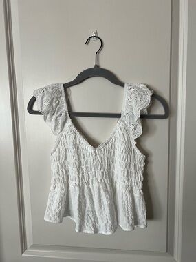iris White Eyelet Ruffle Strap Smocked Peplum Camisole